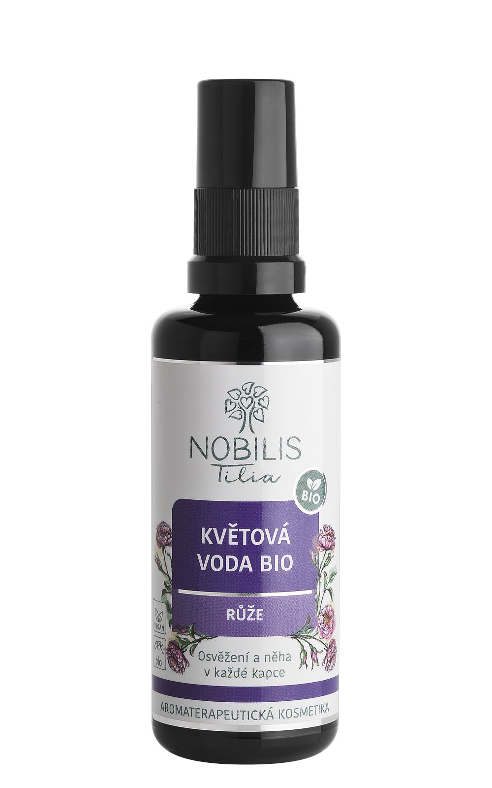 Květová voda BIO růže 50ml (fialové sklo)